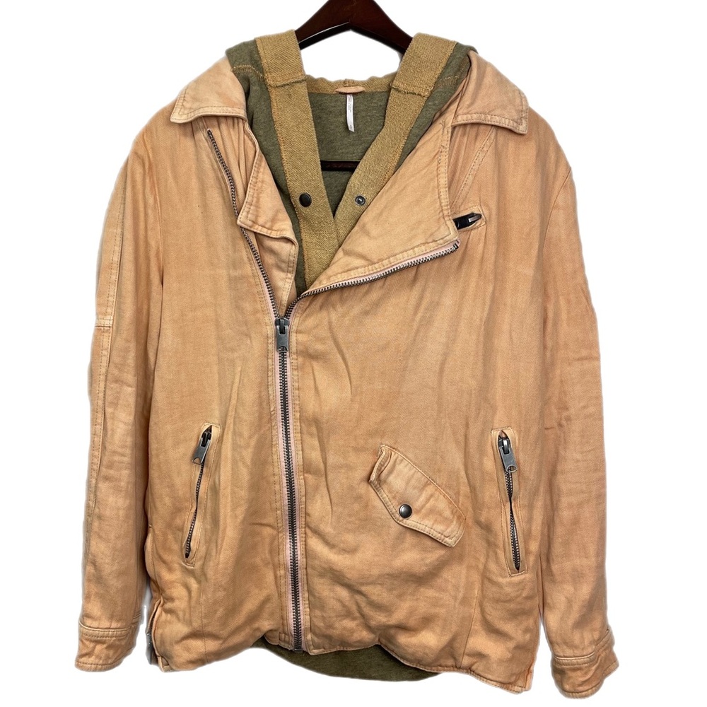 Free People Hooded Dual Placket Linen Blend Moto Jacket
